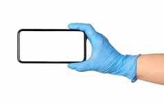 空白智能手机举行手蓝色的保护手套