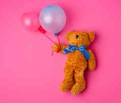 棕色（的）泰迪熊持有膨胀的气球绳子