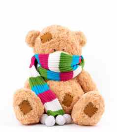 可爱的棕色（的）泰迪熊补丁彩色的针织围巾