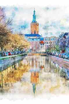 数字水彩绘画圣詹姆斯教堂反映了运河平静水嵌套的皇家稳定的黑格荷兰
