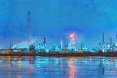数字水彩绘画炼油厂反射烟囱火日落金小时时刻鹿特丹荷兰