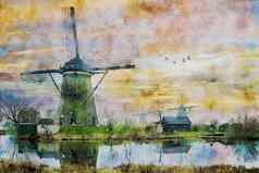 水彩绘画集团鹅飞行荷兰风车日落时刻