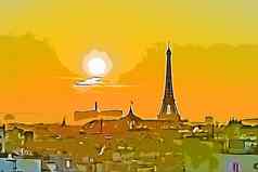 巴黎12月美丽的红色的日落天空铸造照亮埃菲尔铁塔塔屋顶巴黎法国