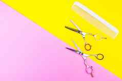 时尚的专业理发师剪刀梳子黄色的粉红色的