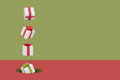 圣诞节礼物盒子飞行粉红色的绿色背景微量