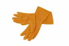 特写镜头橙色橡胶手套孤立的白色背景