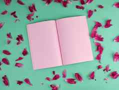 开放笔记本粉红色的空白页面