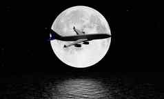 轮廓白色乘客飞机飞过去的完整的月亮