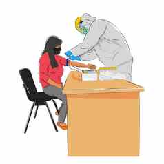 向量手画草图站医生护士有害物质脸盾准备快速测试科维德坐着女人