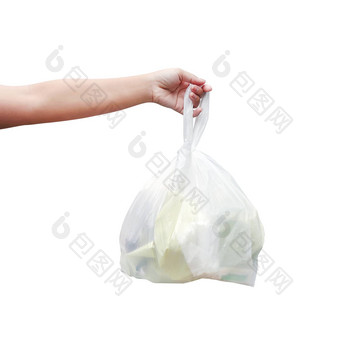 手携带浪费塑料垃圾袋孤立的白色背景手持有塑料垃圾袋转储浪费
