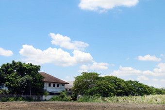 土壤区域地面前面房子树底图片景观财产村蓝色的天空