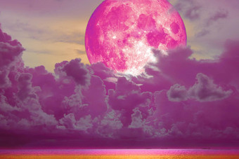 超级完整的粉红色的月亮回来品红色的云海