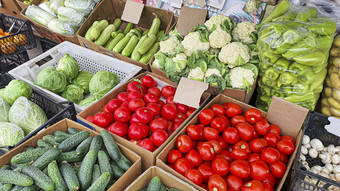 出售新鲜的有机水果蔬菜农民市场盒子选择产品健康的饮食