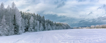 全景冬天森林冻河重黑暗蓝色的雪云典型的<strong>北部</strong>瑞典景观桦木云杉树覆盖白霜冷一天拉瑞典