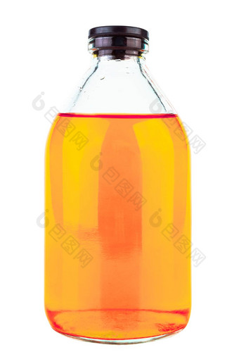 关闭风格玻璃医疗化学瓶黄色的透明的液体孤立的白色背景