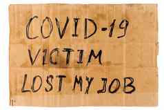 单词科维德受害者失去了工作手写的矩形平脏表纸板无家可归的人榜孤立的白色