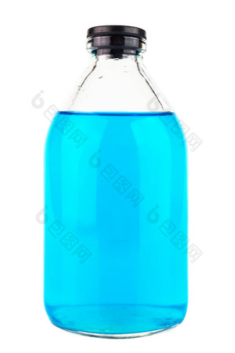 关闭风格玻璃医疗化学瓶蓝色的透明的液体孤立的白色背景