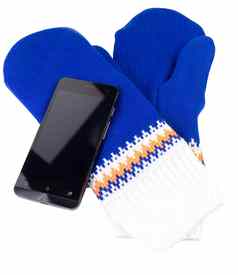 蓝色的白色针织连指手套手机孤立的白色背景