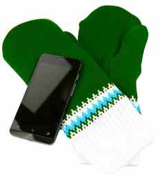 绿色白色针织连指手套手机孤立的白色背景