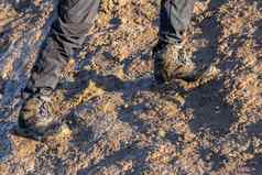 腿灰色的裤子长途跋涉靴子徒步旅行向上泥泞的山晚上阳光