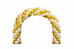 气球拱门通过黄金黄色的白色拱门婚礼气球节日设计装饰元素拱花设计孤立的白色背景