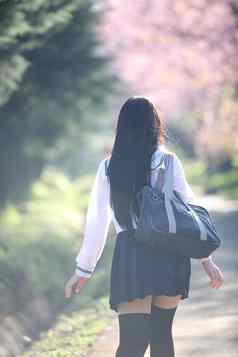 日本学校女孩衣服樱花花自然人行道