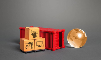 橙色全球纸板盒子红色的运费船容器<strong>国际</strong>世界贸易交付货物航运<strong>进口</strong>出口交通交付货物关闭边界检疫限制