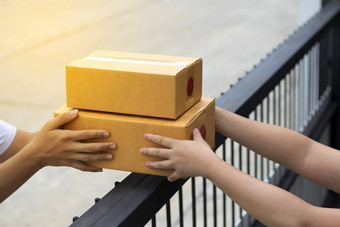 快递服务交付棕色（的）盒子收件人航运公司提供货物收件人前面通过