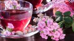 芙蓉红色的茶杯子康乃馨花特写镜头水平