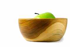 关闭单绿色苹果奶奶史密斯木碗篮子孤立的白色背景
