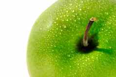 关闭新鲜的绿色苹果奶奶史密斯孤立的白色背景水滴- - - - - -宏拍摄