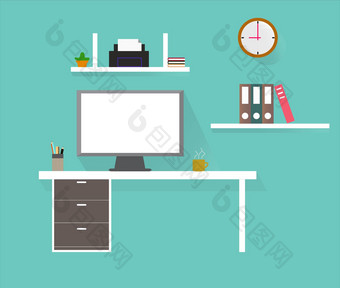 电脑桌子上工作场所平风格办公室桌子上标志