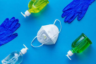 消毒概念洗涤剂手套面具前视图模式