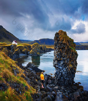 旅游岩石海滩小房子老鹰的损失冰岛