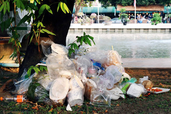 浪费塑料堆垃圾塑料浪费转储桩塑料袋湿食物浪费树河背景污染自然生态