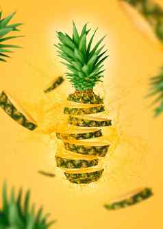 集菠萝悬浮黄色的背景汁菠萝飞溅高决议图像健康概念健康的食物悬浮