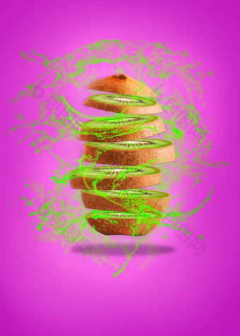 猕猴桃<strong>悬浮</strong>紫色的背景高决议图像健康概念健康的食物<strong>悬浮</strong>