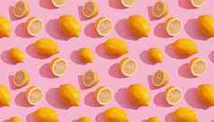 无缝的连续模式黄色的柠檬粉红色的背景极简主义概念新鲜的柑橘类水果