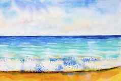 水彩海景绘画色彩斑斓的海视图海滩
