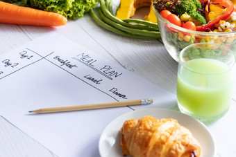 卡路里控制餐计划食物饮食重量损失概念前视图餐<strong>计划表</strong>格纸沙拉水果汁面包蔬菜