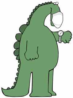 绿色恐龙穿脸面具检查手表