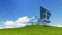 线框建筑绿色草蓝色的天空极高详细的质量渲染Copyspace绿色风景集合