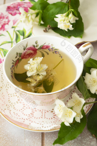 古董杯热绿色茶<strong>茉莉花</strong>味道新鲜的<strong>茉莉花</strong>花