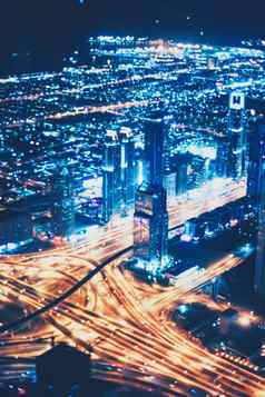 空中晚上视图迪拜曼联阿拉伯阿联酋航空公司大都会城市景观