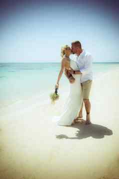 美丽的结婚了夫妇热带海滩婚礼一天