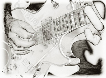 吉他手玩电吉他黑色的白色