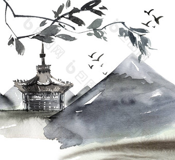 水彩画中国人景观