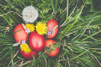 红色的复活节鸡蛋草花絮球自然