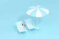 遮阳伞海滩椅子蓝色的背景呈现