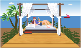 女孩放松阅读书海滩